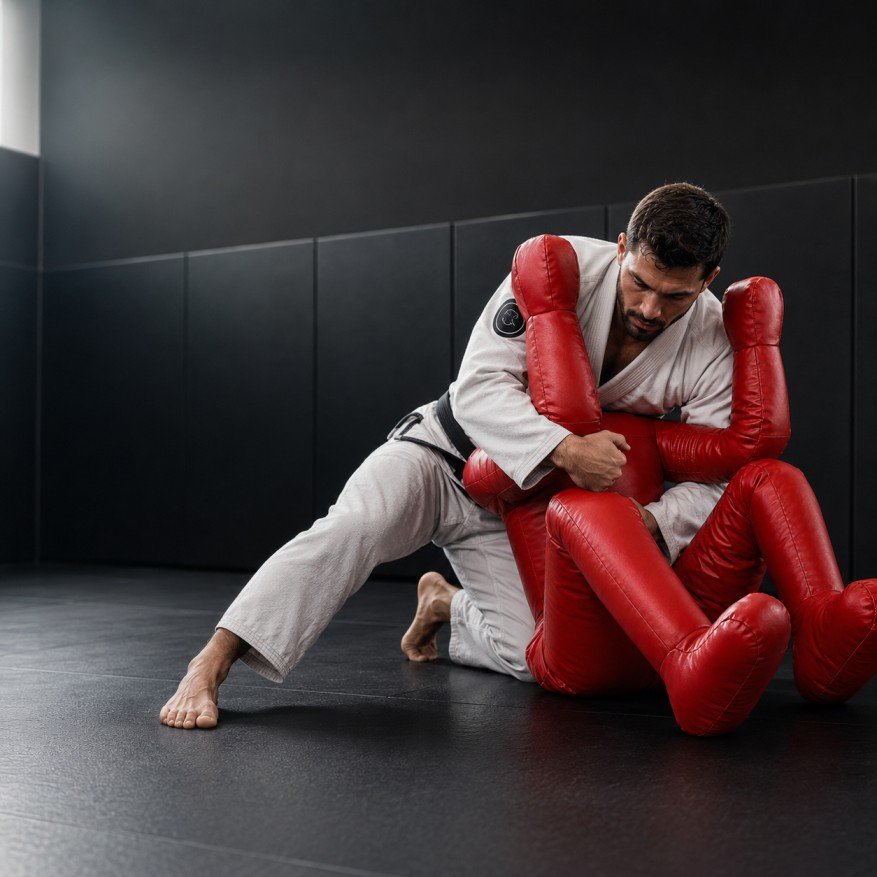 Home Gym Goals BJJ grappling dummy positioned on a training mat