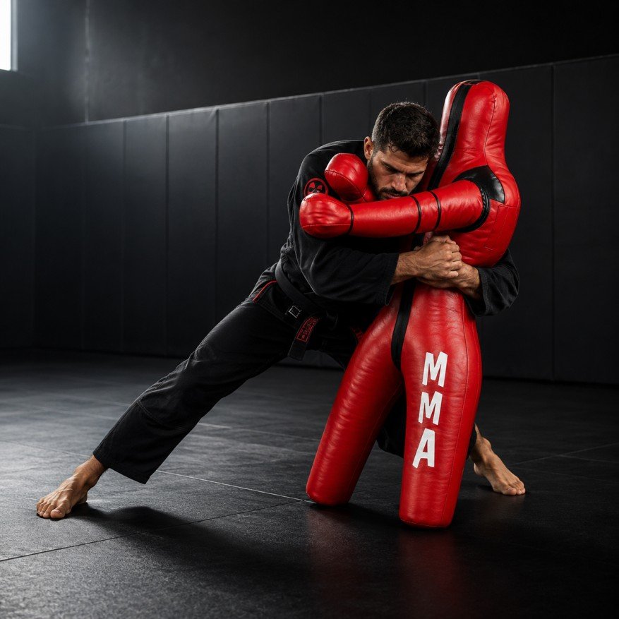 Solo grappling drills and repetition training with a grappling dummy