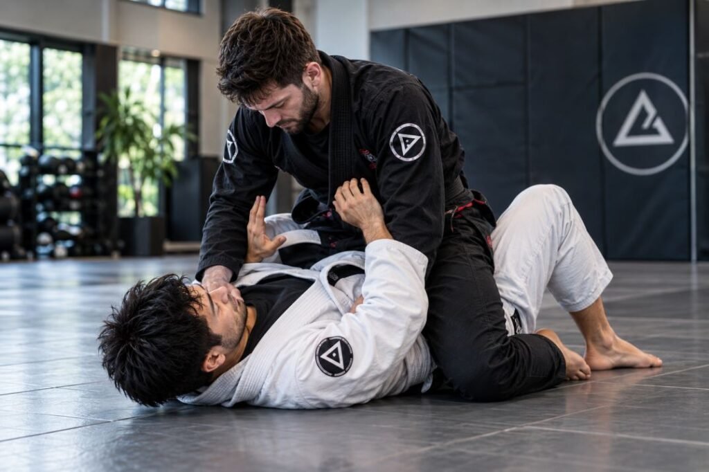 Brazilian Jiu-Jitsu practitioners practicing mount escape drills with defensive framing and controlled positioning on gym mats