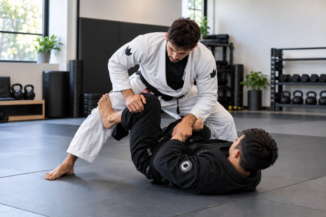 Two BJJ athletes drilling controlled guard passing on grappling mats