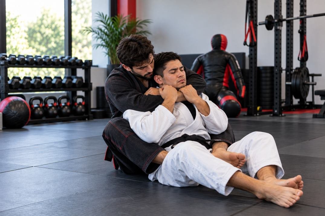 Two BJJ athletes practicing controlled rear naked choke training from back control on grappling mats