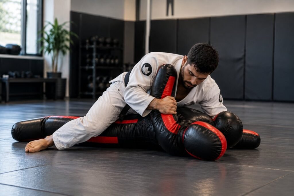 BJJ athlete practicing top control with a wrestling grappling dummy