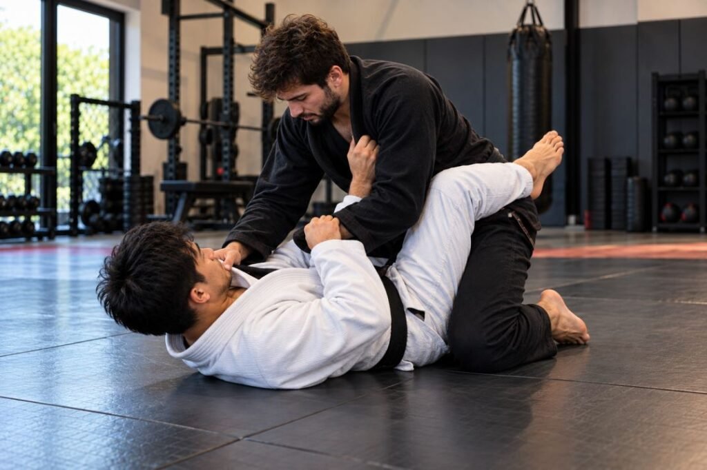 Two Brazilian Jiu-Jitsu athletes practicing submission grappling drills on black and gray mats in a martial arts gym