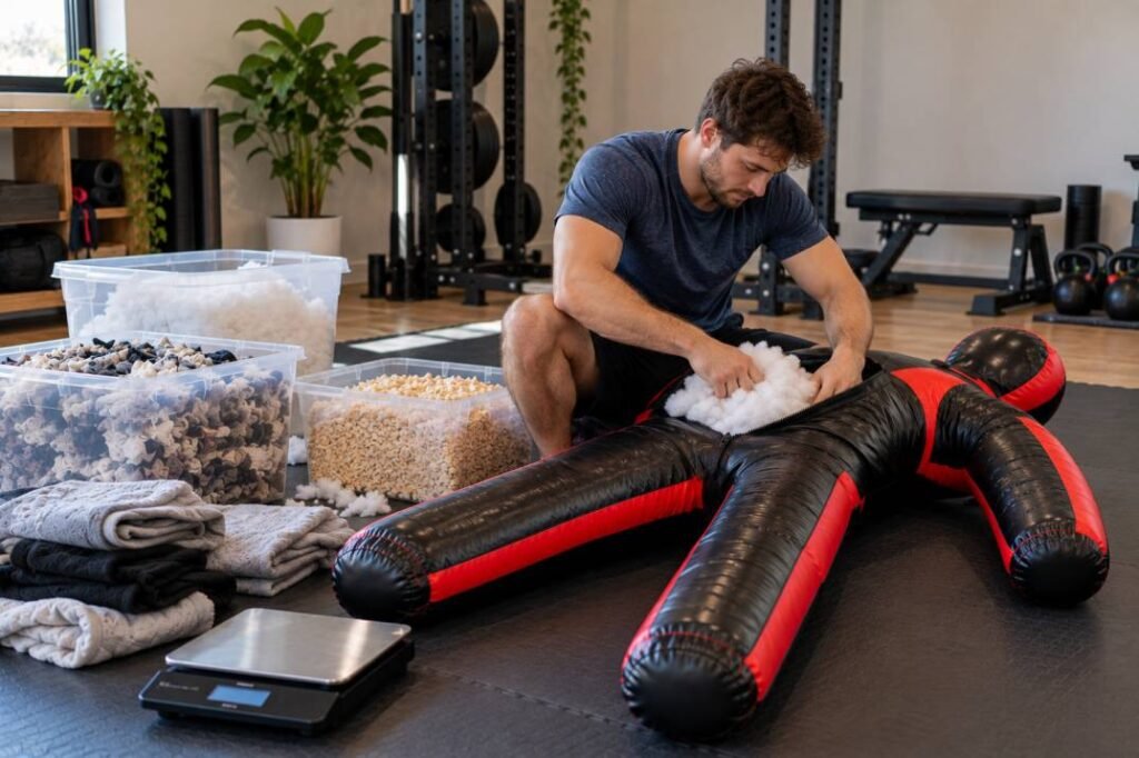 Man filling a grappling dummy with stuffing in a home gym
