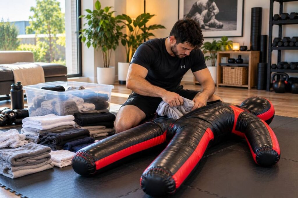 Refilling a grappling dummy with towels during home gym maintenance