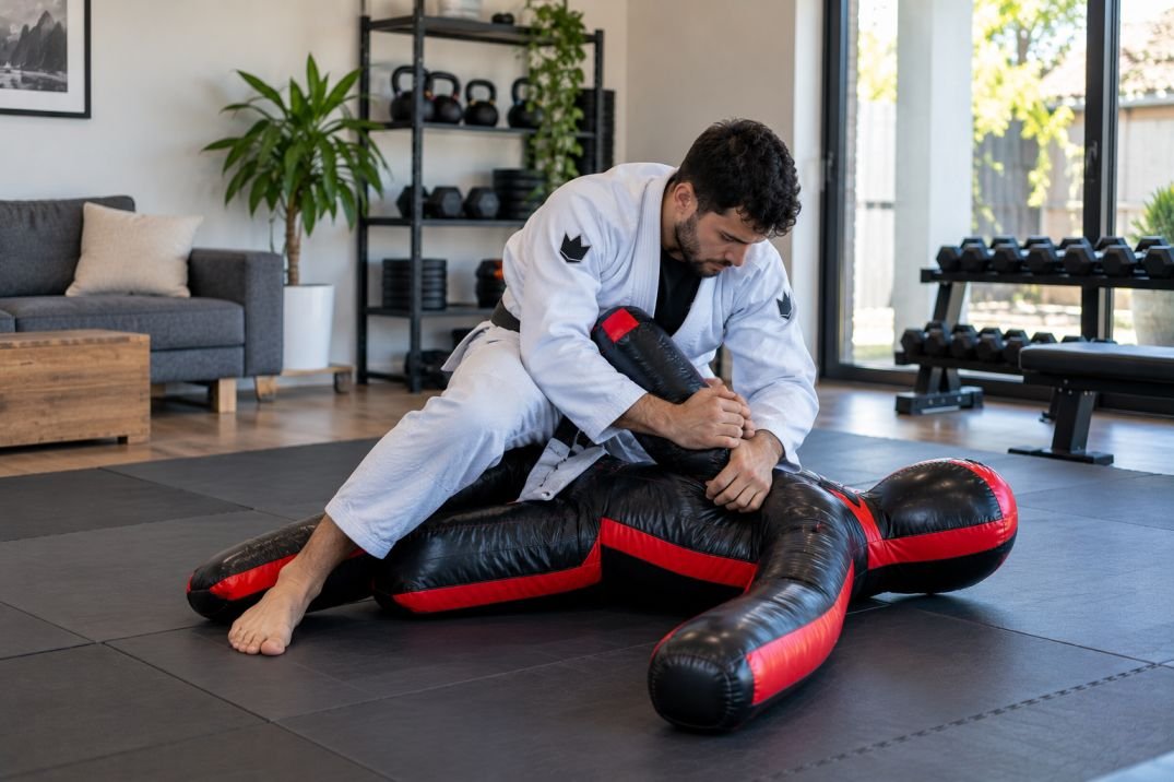 Beginner BJJ practitioner practicing controlled movement on grappling mats in a home training space