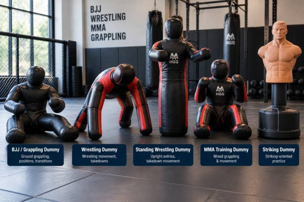 Types of martial arts training dummies for BJJ, wrestling, MMA and striking