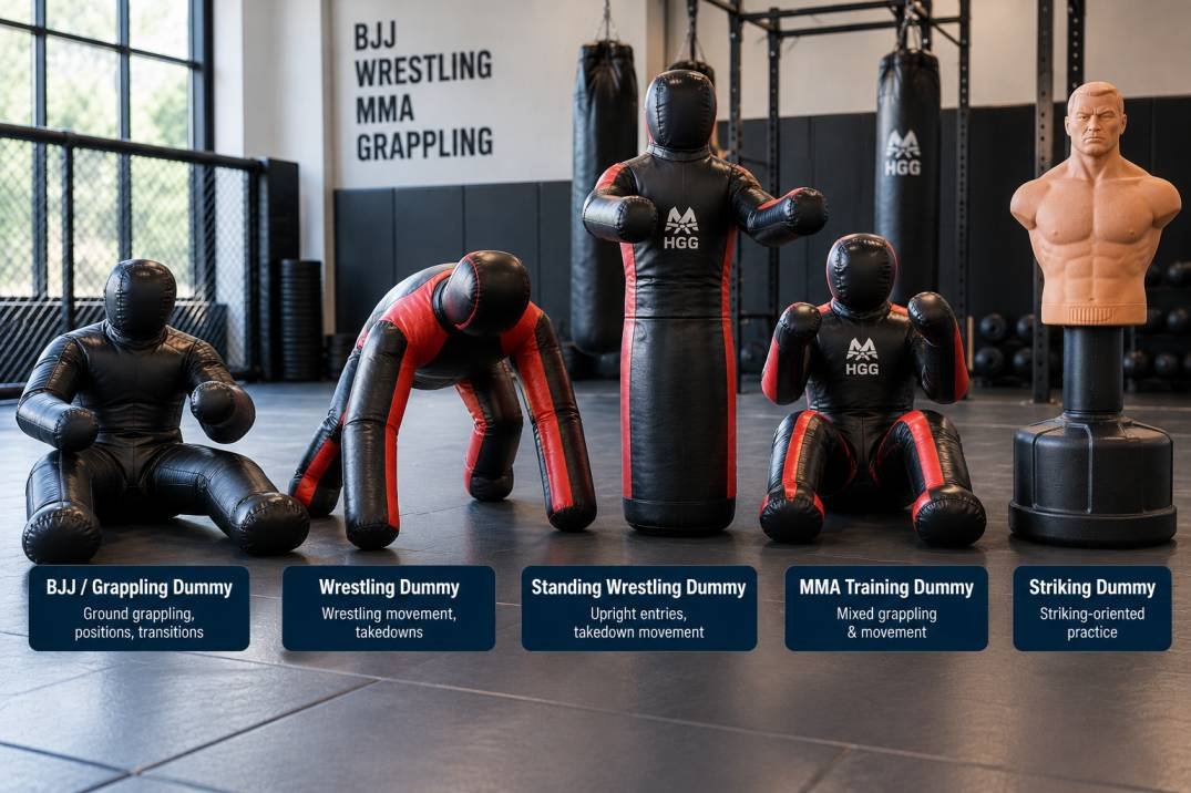 Several types of martial arts training dummies in a clean training environment