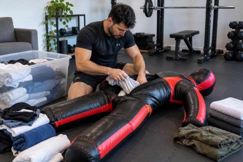 Filling a grappling dummy with clothes and towels for home training