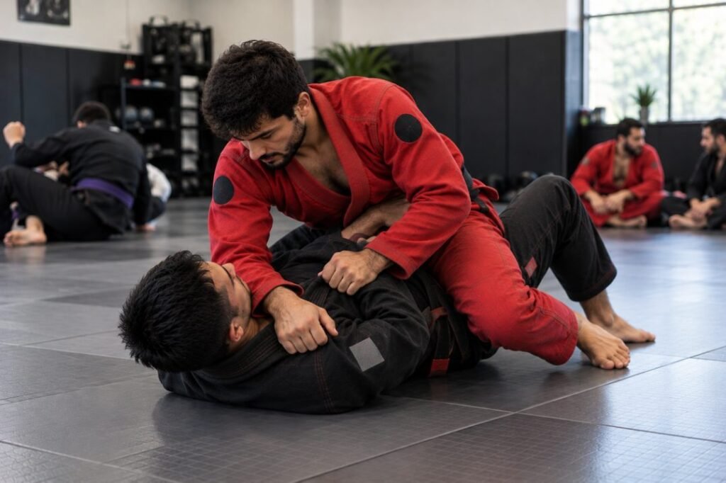 Two Brazilian Jiu-Jitsu athletes practicing submission grappling drills in red and black gis on gym mats