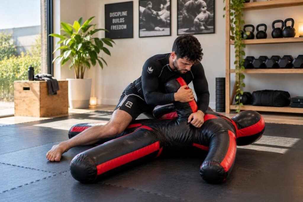 BJJ practitioner practicing ground control with a grappling dummy at home