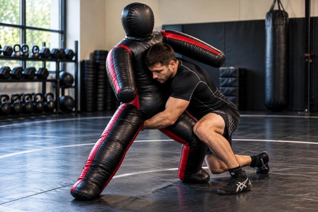 Filled wrestling dummy standing on grappling mats in a home training space