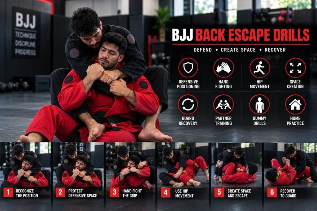 Two Brazilian Jiu-Jitsu athletes practicing back escape drills in red and black gis, demonstrating defensive positioning, hand fighting, and guard recovery