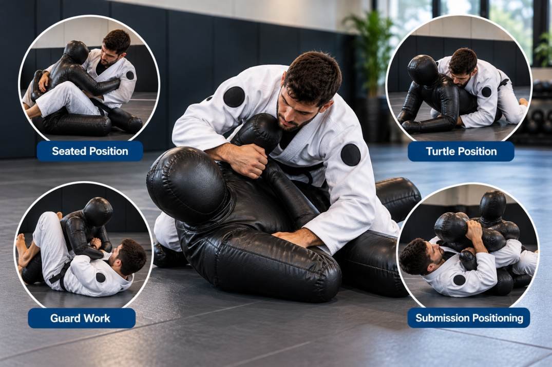 The Grappling SMARTY 2.0 used for controlled solo BJJ drilling on a mat