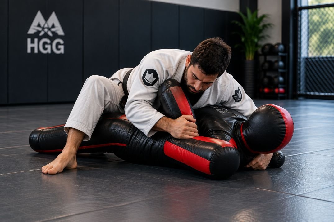 BJJ grappling dummy on a mat in a home training setup
