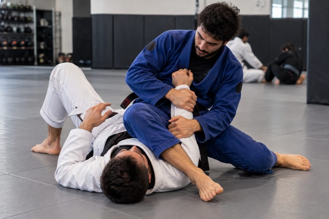Practitioner drilling a controlled BJJ armbar entry on grappling mats