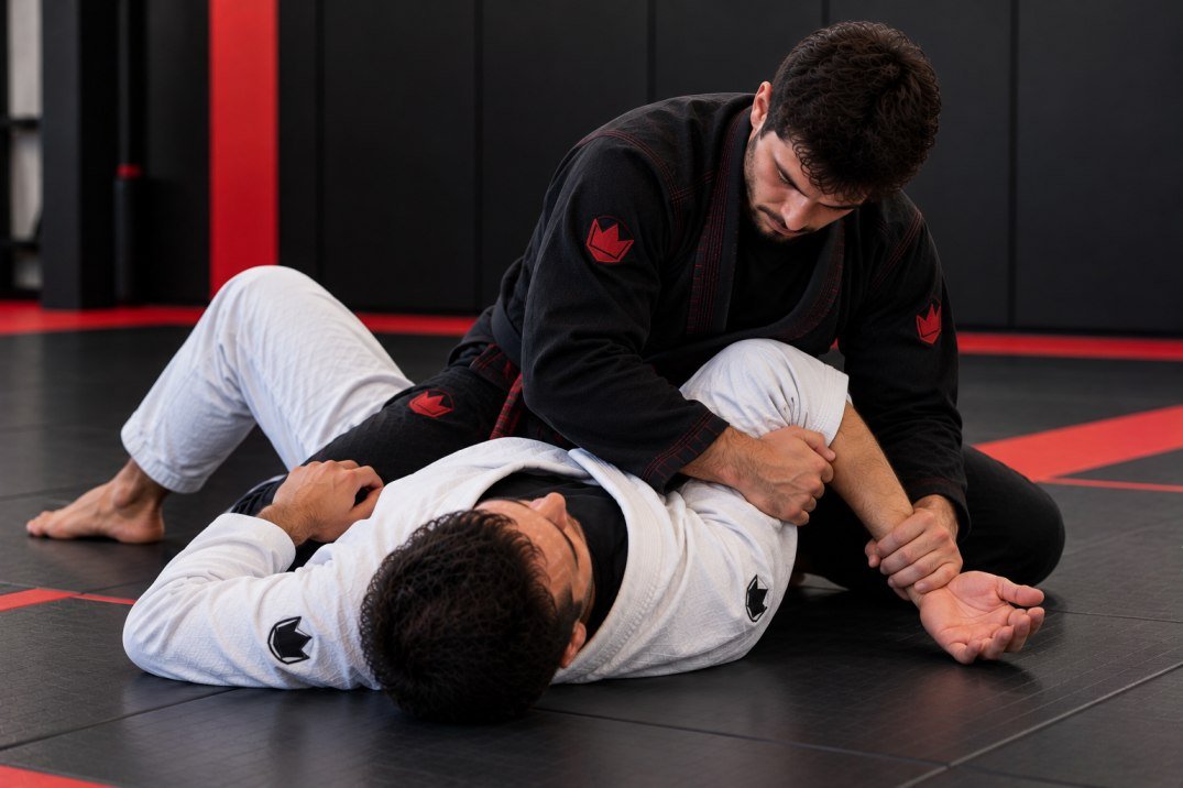 Beginner practising a controlled BJJ Americana drill on clean mats