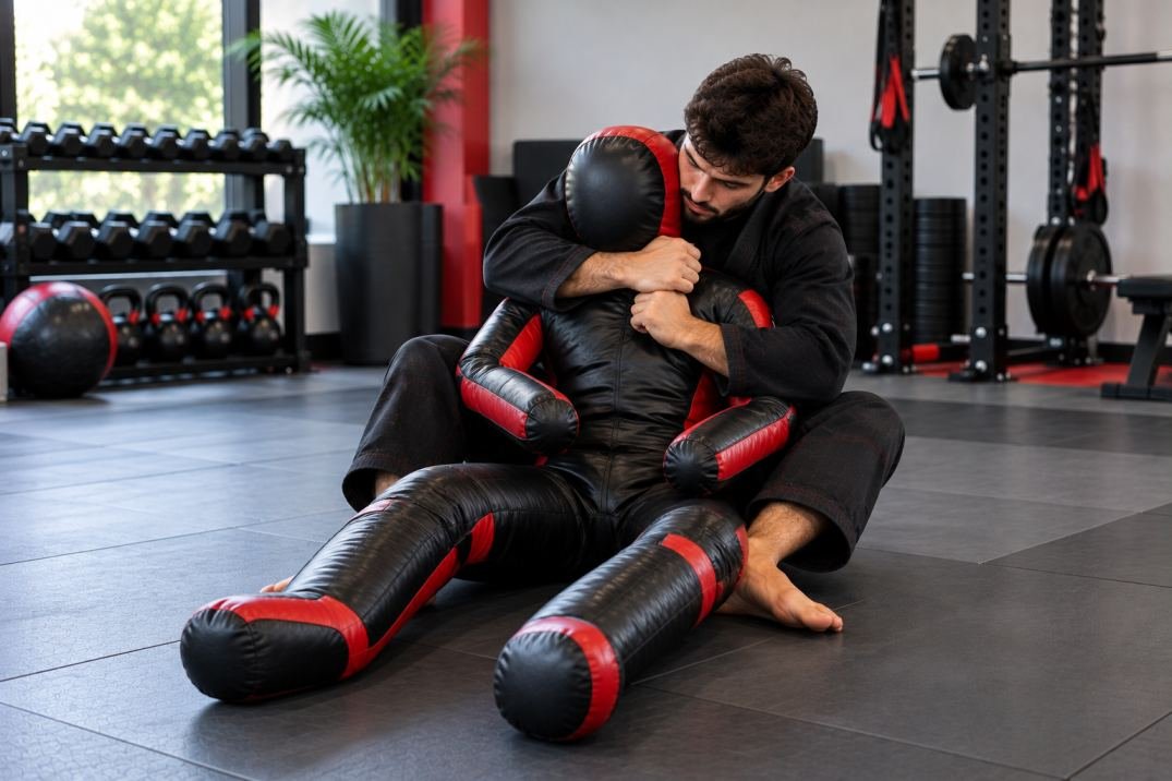 Grappling dummy positioned for solo rear naked choke position and repetition practice