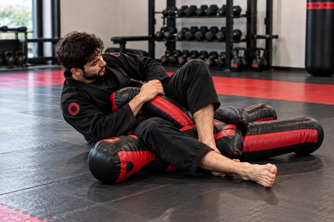 Grappling dummy used for controlled BJJ armbar positioning practice at home