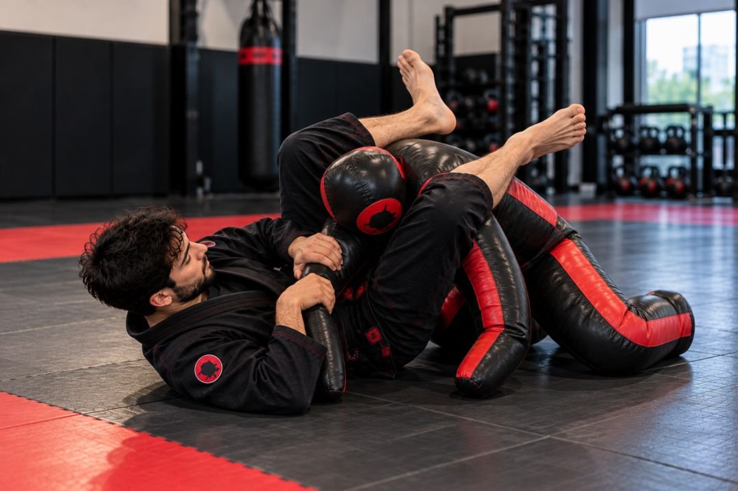 BJJ practitioner practicing triangle positioning with a grappling dummy at home