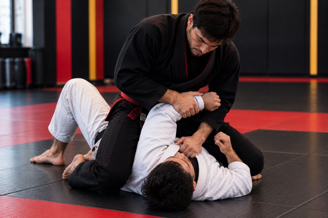 BJJ Americana training from mount on grappling mats