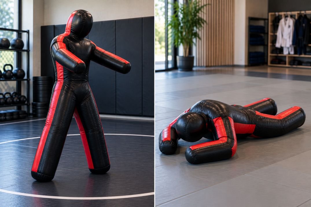 Standing wrestling dummy beside a ground-oriented BJJ grappling dummy