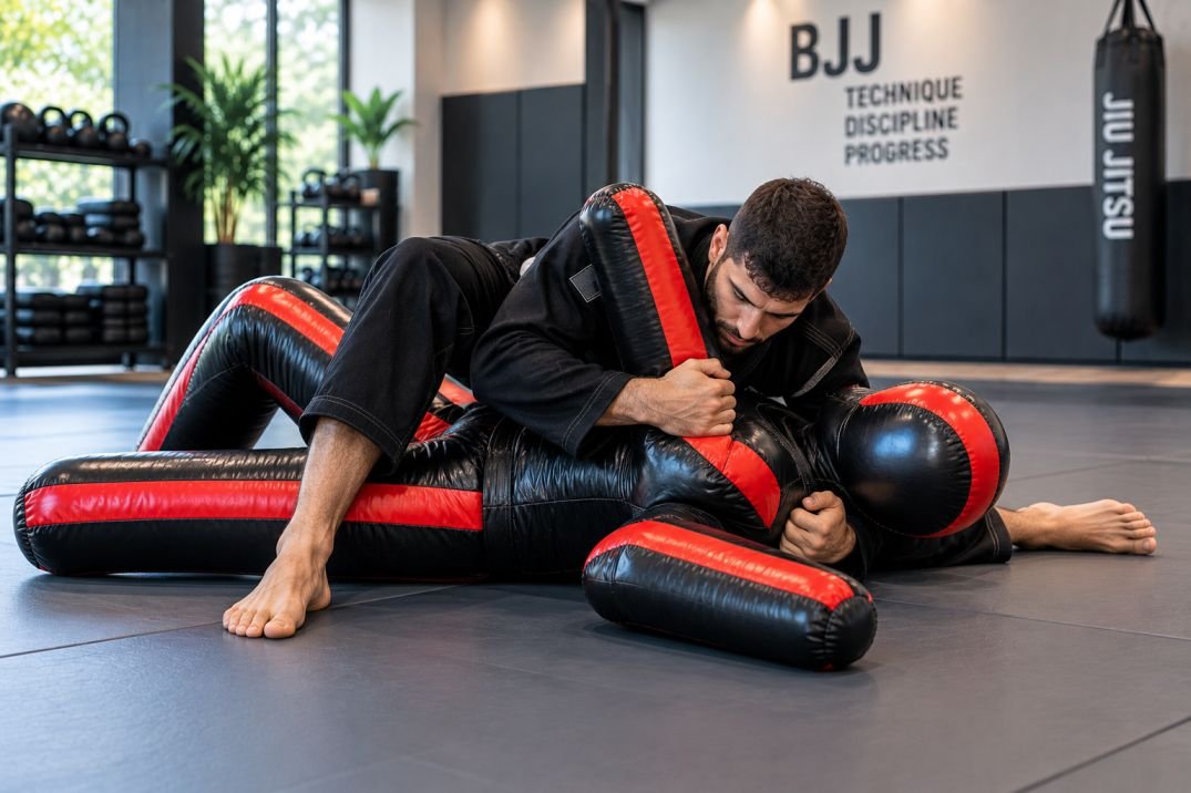 Ground-oriented BJJ grappling dummy used for positional repetition on a home mat