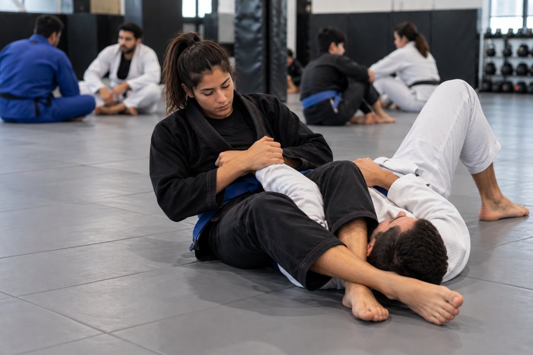 Beginner practising a controlled BJJ armbar drill on clean mats