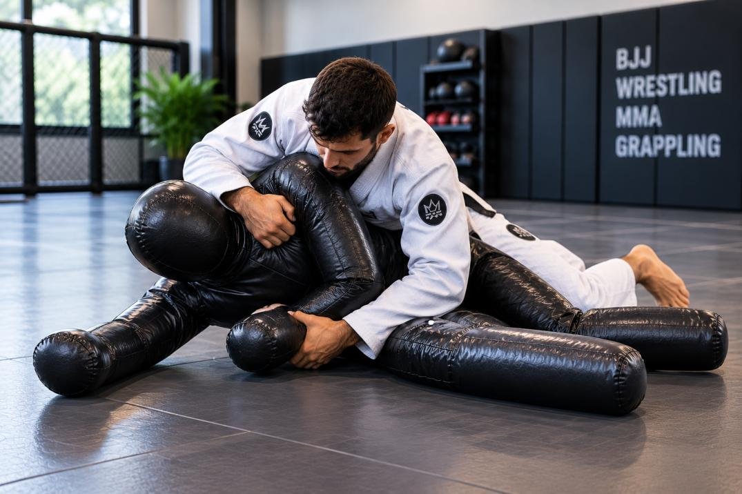 Grappling dummy positioned on a home BJJ mat for solo training