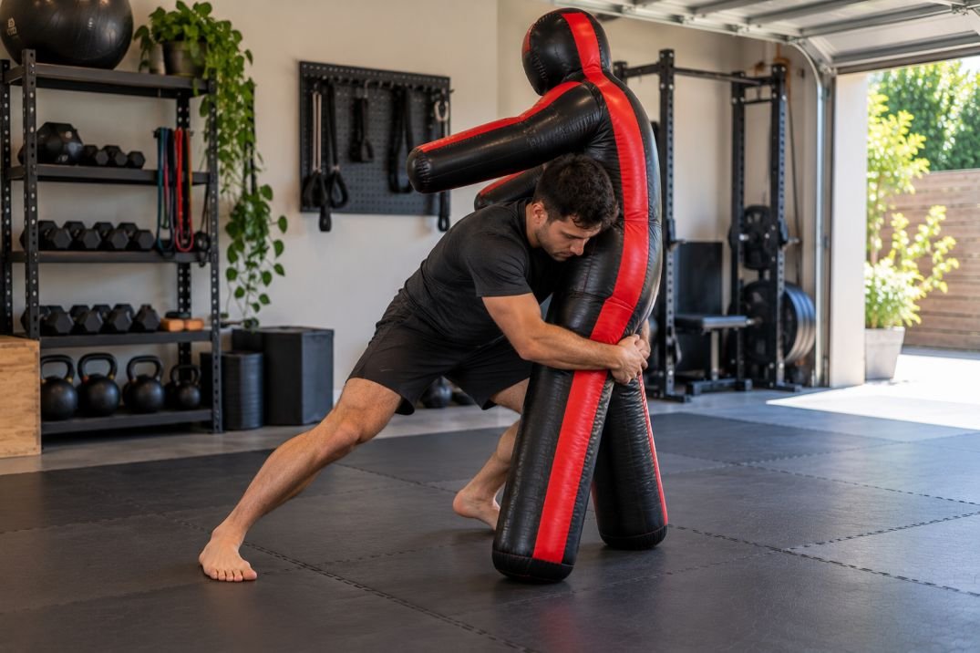 Standing wrestling dummy set up on a training mat with adequate surrounding space