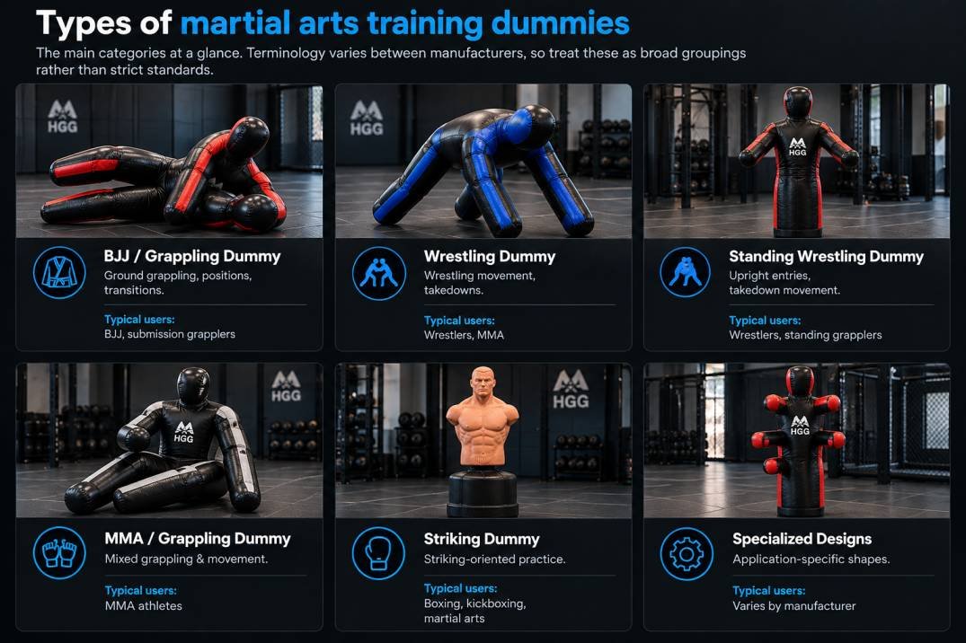Different types of martial arts training dummies shown side by side
