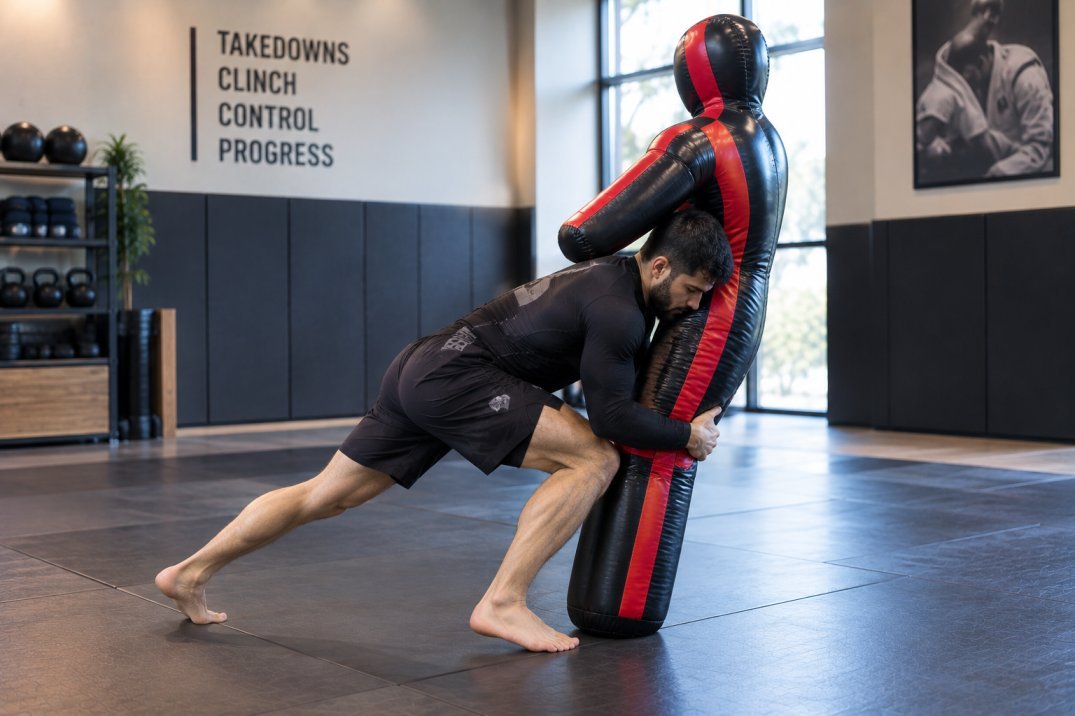 Standing wrestling dummy used for BJJ takedown and clinch practice
