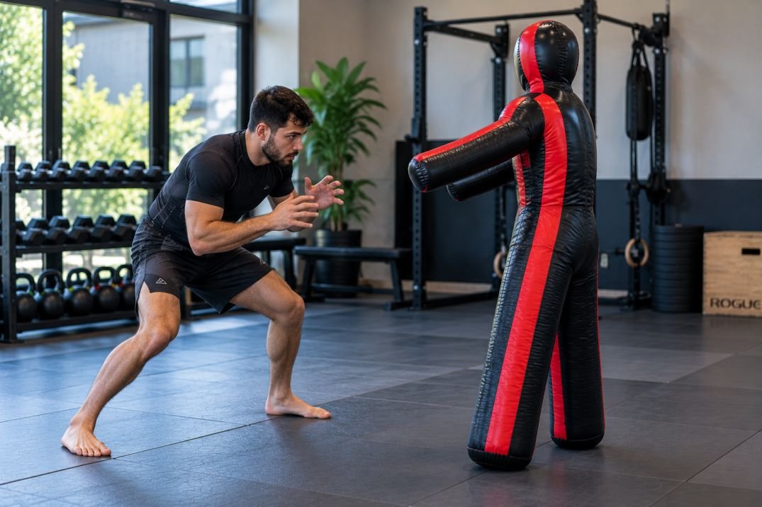 Standing wrestling dummy positioned for stance and entry practice on a training mat