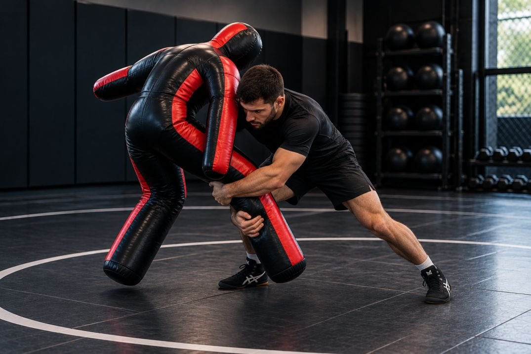 Standing wrestling dummy in a home-gym setup